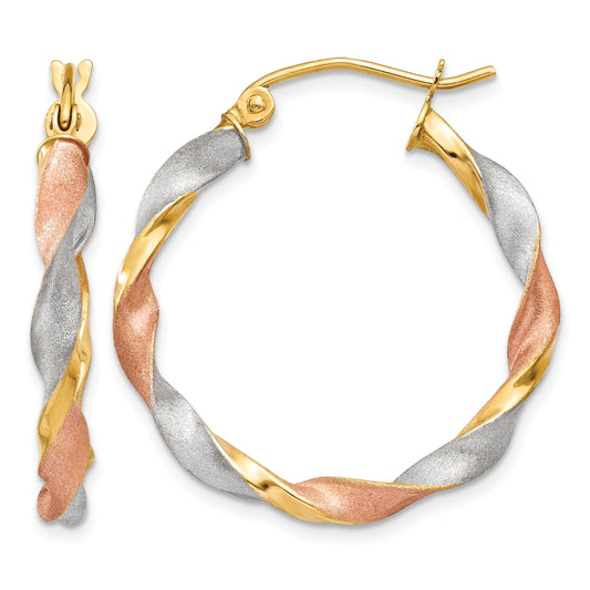 14ky White & Rose Rhodium Satin Twisted Hoop Earrings