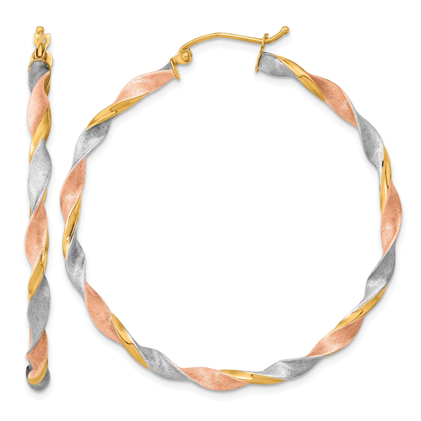 14k White & Rose Rhodium Satin Twisted Hoop Earrings
