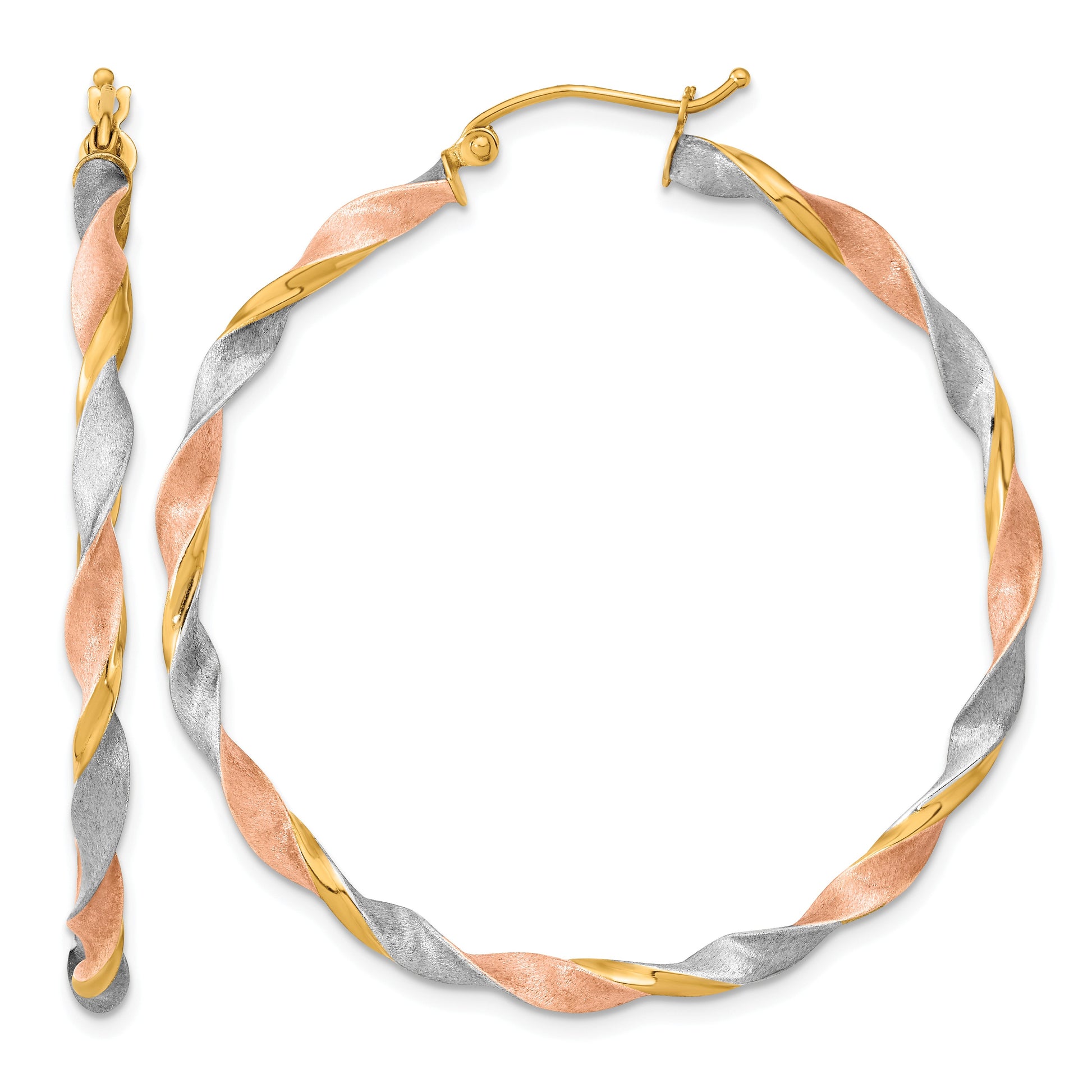 14k White & Rose Rhodium Satin Twisted Hoop Earrings