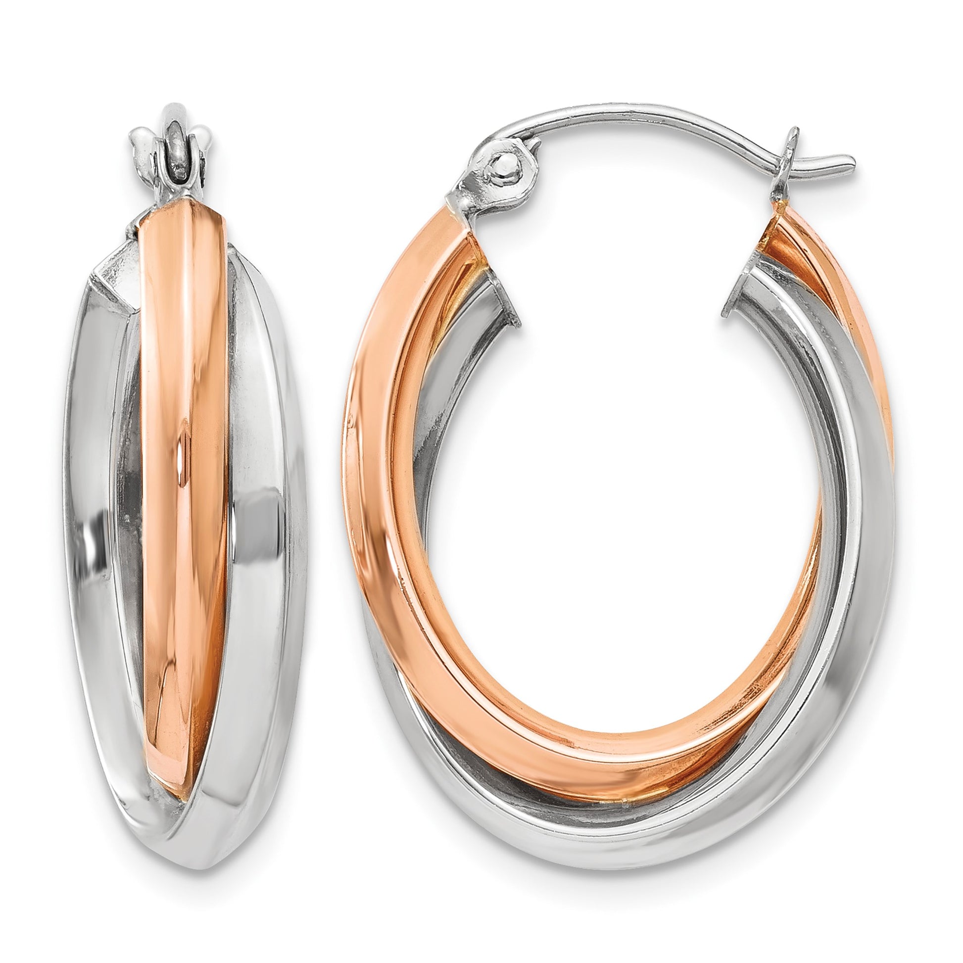 14k Rose and White Gold Polished Oval Tube Hoop Earrings