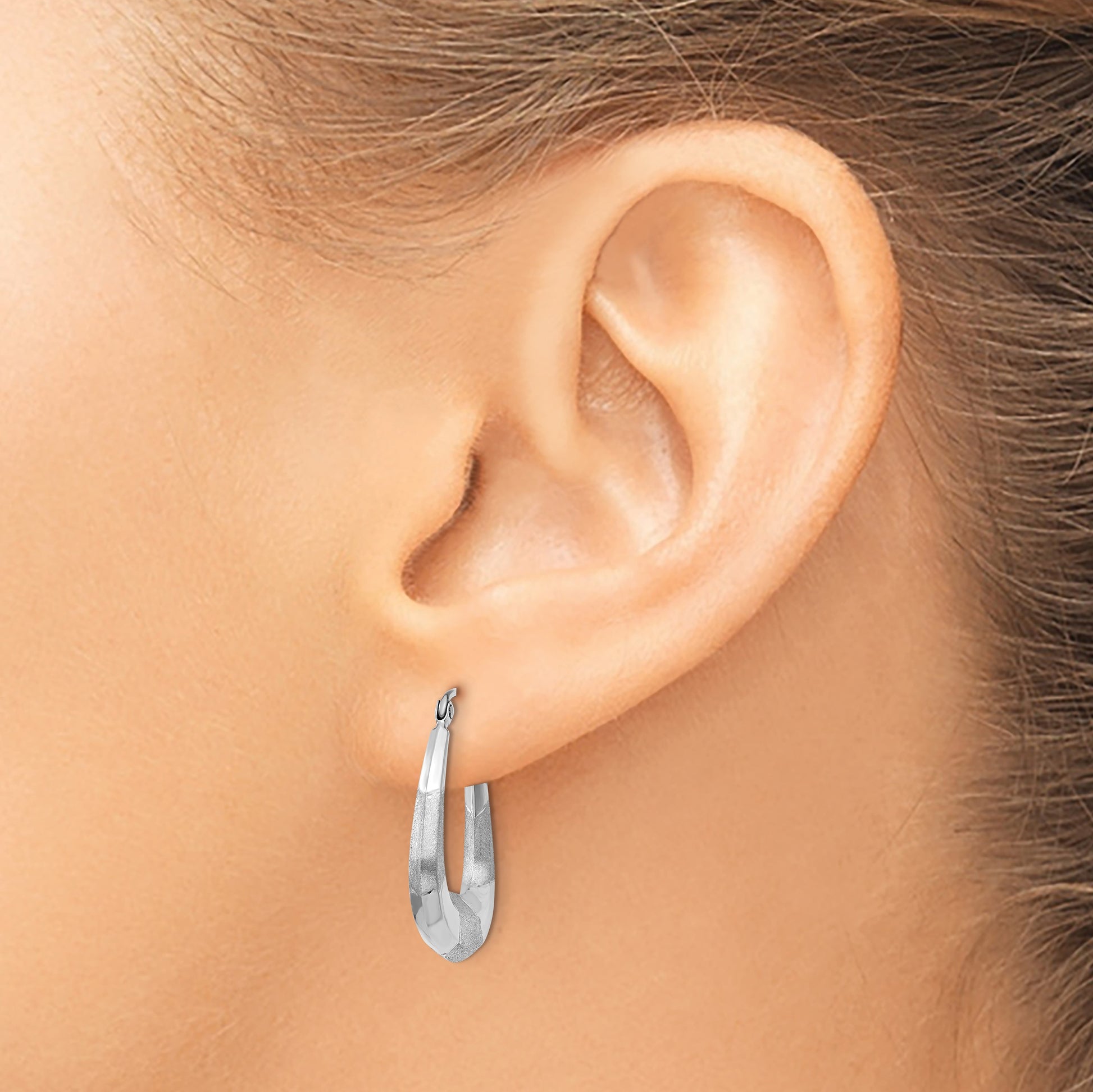 14k White Gold Polished, Satin and Diamond-cut Hoop Earrings