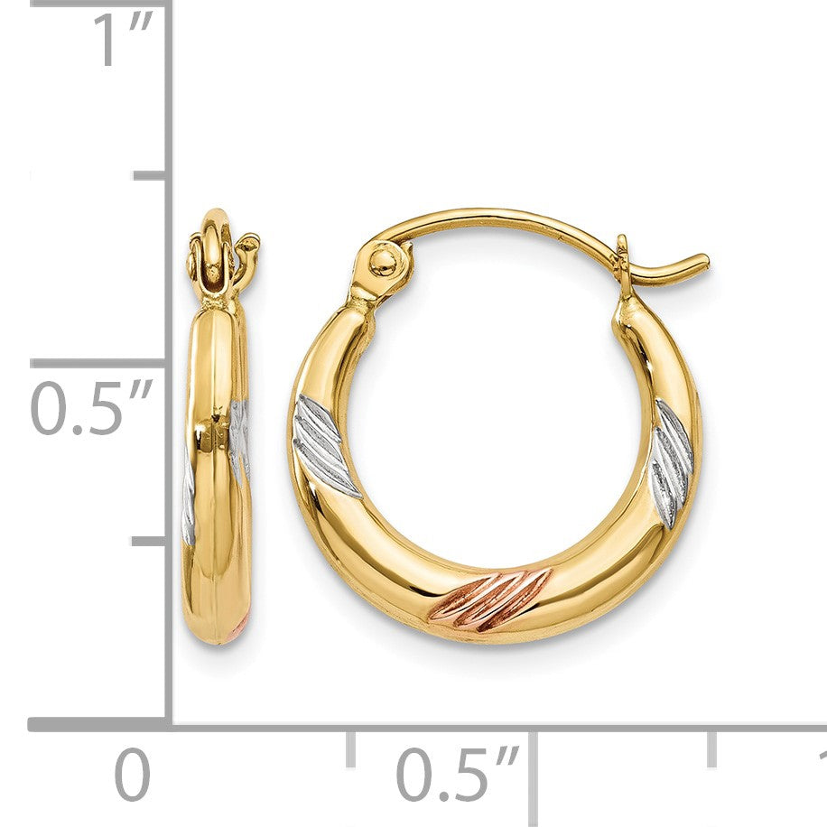 14k & White & Rose Rhodium Polished & Textured Hoop Earrings