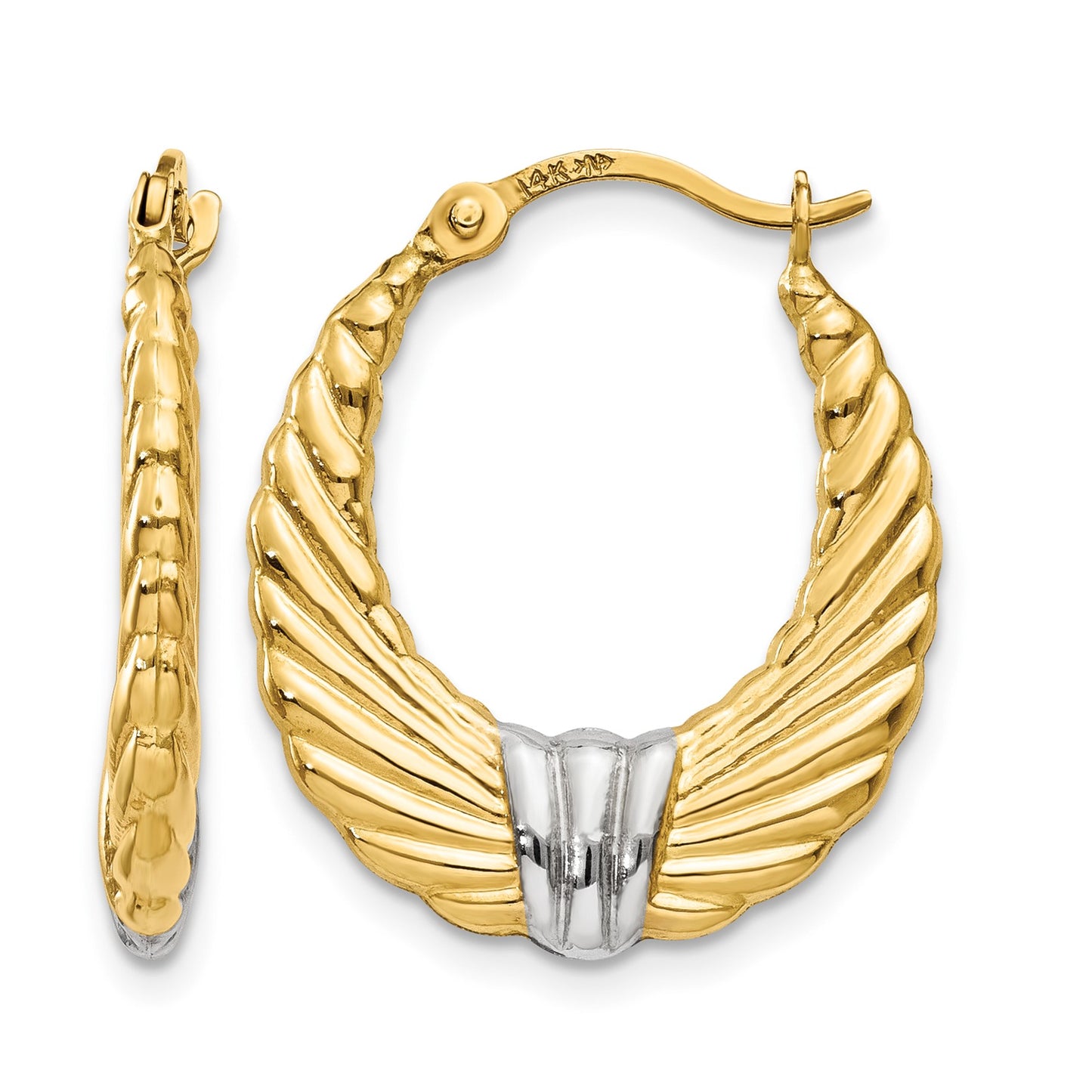 14k & Rhodium Polished and Textured Hoop Earrings