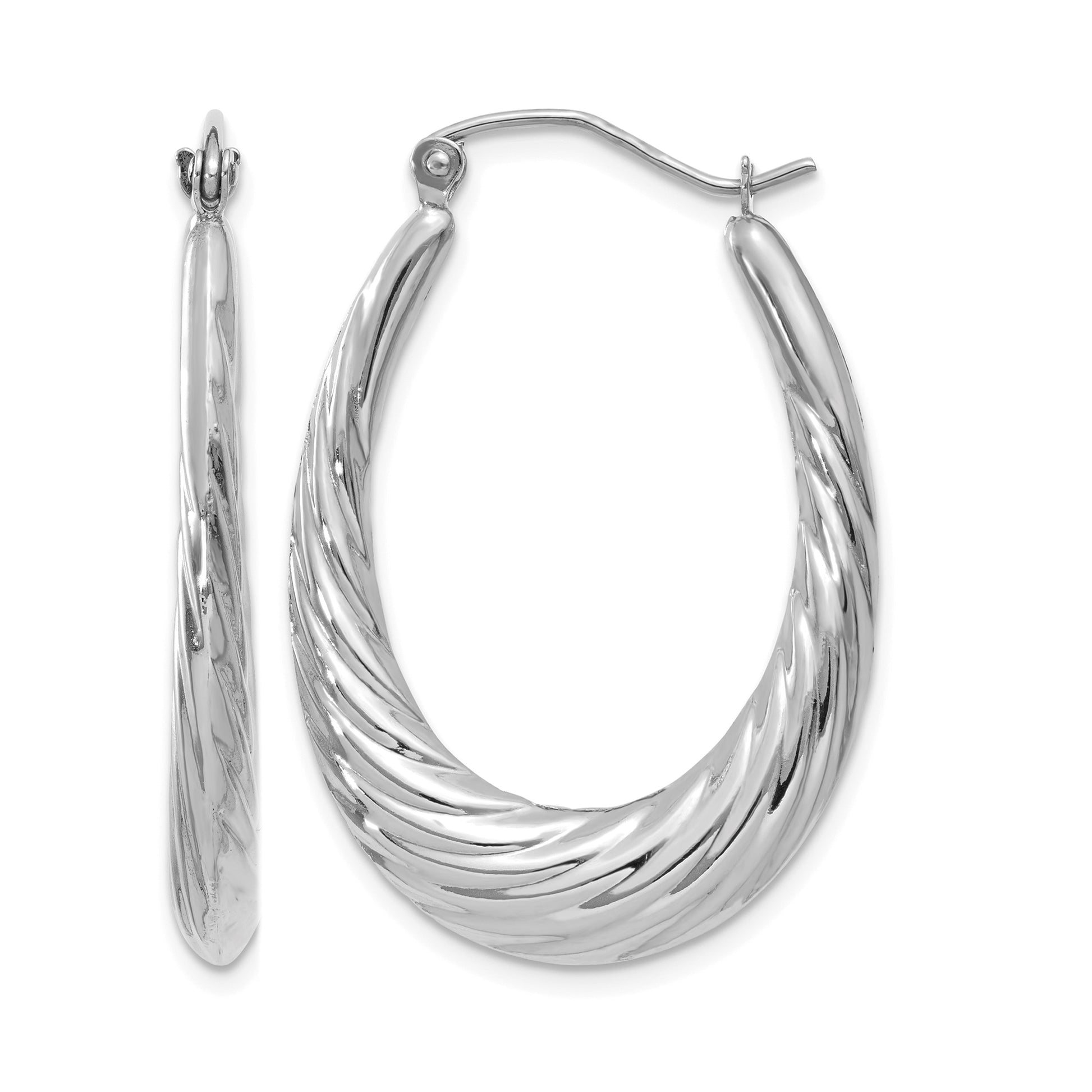 14k White Gold Polished and Textured Oval Hoop Earrings
