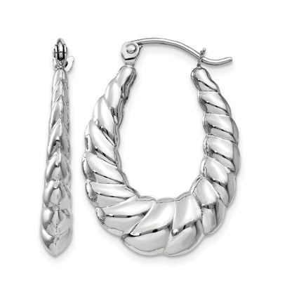 14k White Gold Polished and Textured Oval Hoop Earrings