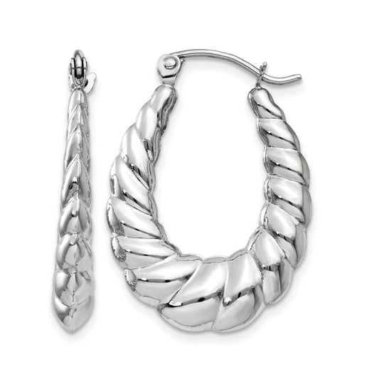 14k White Gold Polished and Textured Oval Hoop Earrings