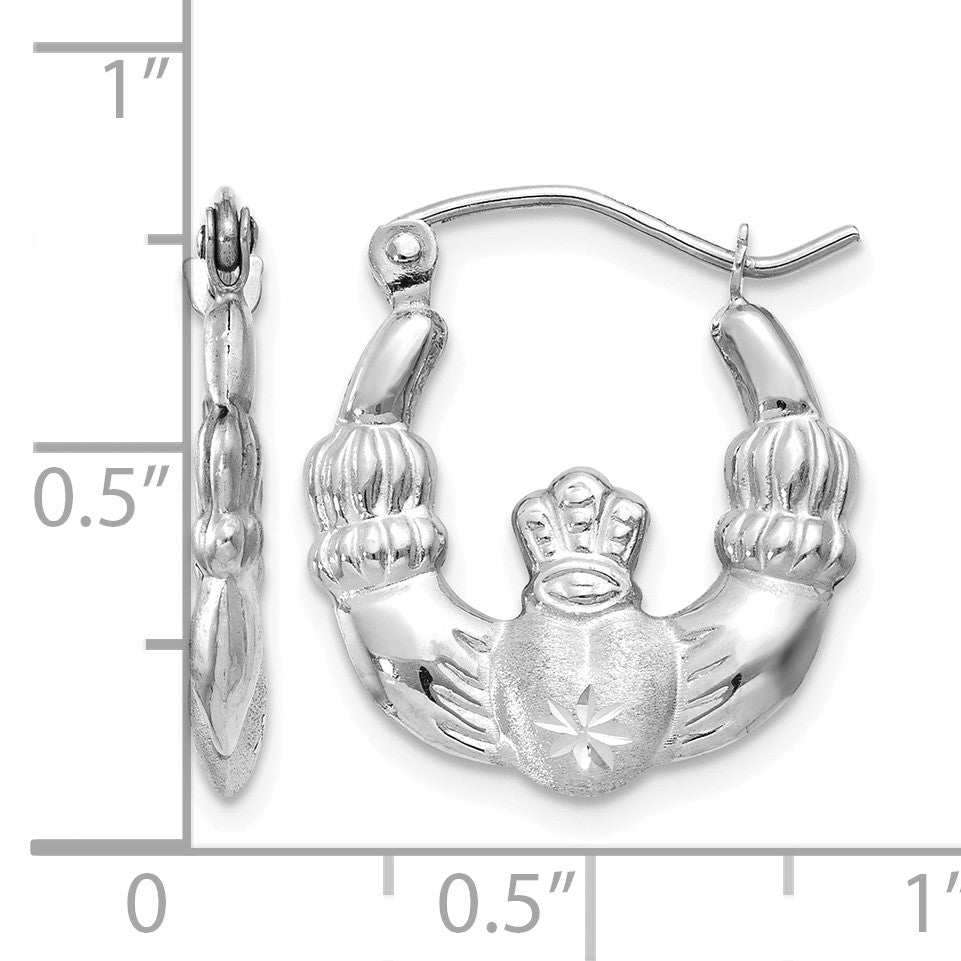 14k White Gold Satin and Diamond-cut Claddagh Hoop Earrings