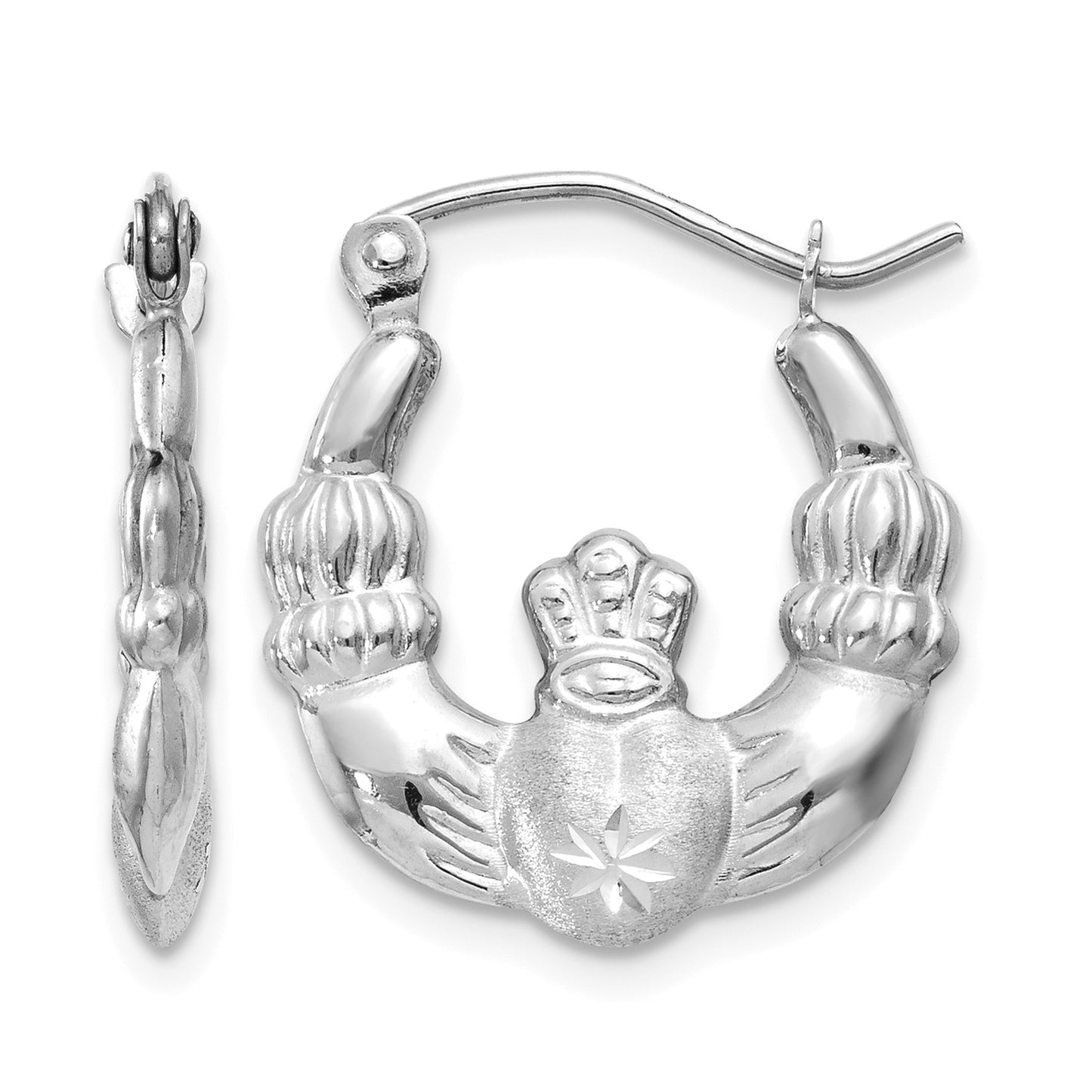 14k White Gold Satin and Diamond-cut Claddagh Hoop Earrings
