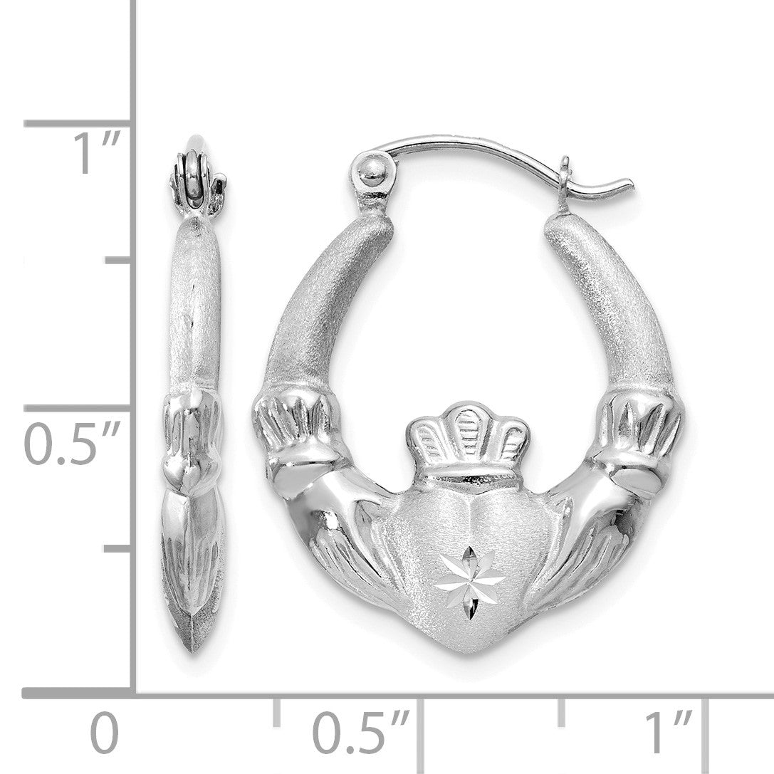 14k White Gold Satin and Diamond-cut Claddagh Hoop Earrings