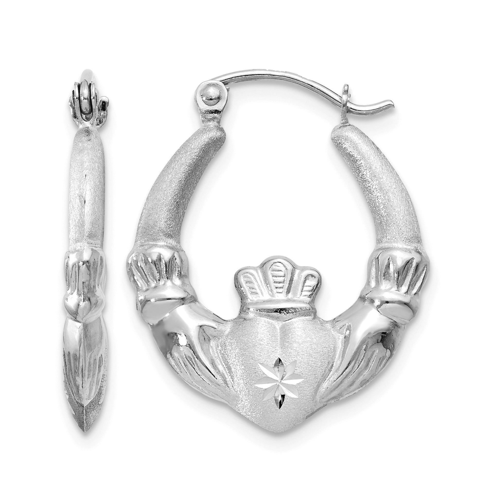 14k White Gold Satin and Diamond-cut Claddagh Hoop Earrings