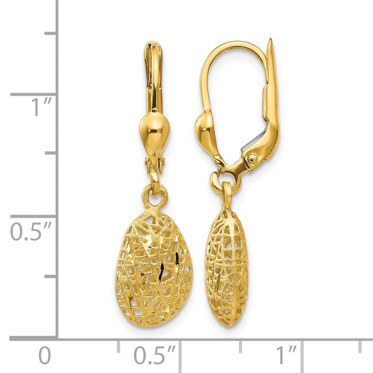14K Polished Diamond-cut Satin Puffed Oval Dangle Leverback Earrings