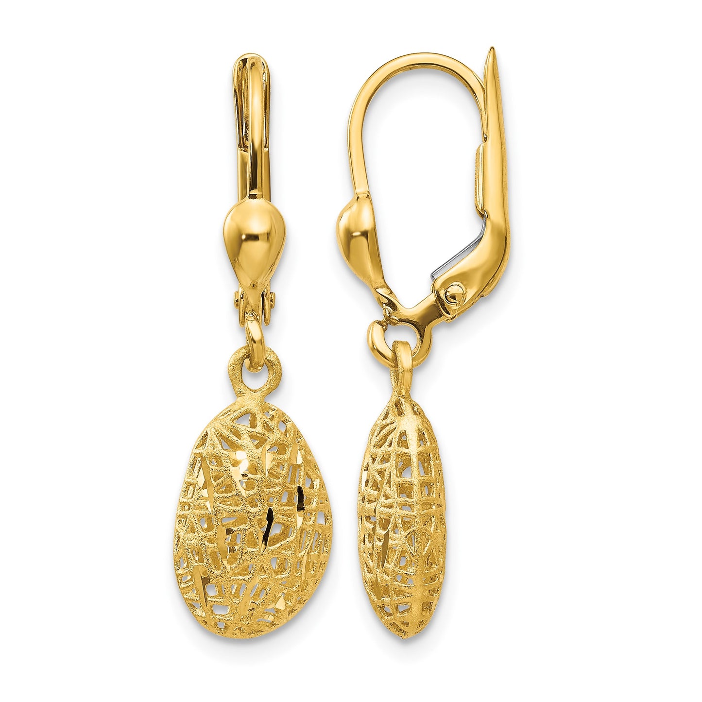 14K Polished Diamond-cut Satin Puffed Oval Dangle Leverback Earrings
