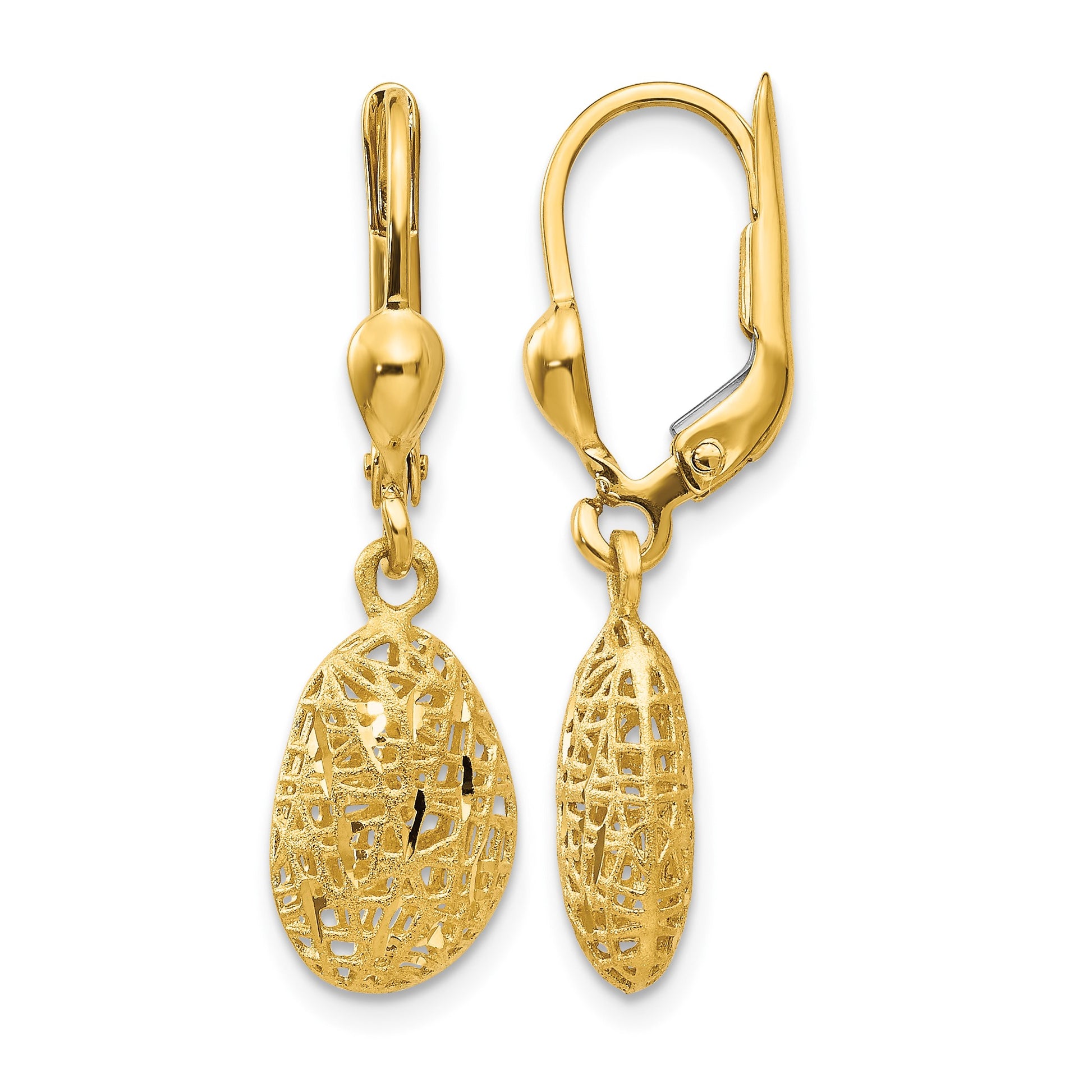 14K Polished Diamond-cut Satin Puffed Oval Dangle Leverback Earrings
