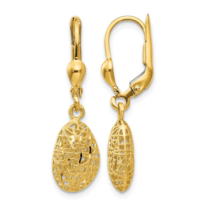 14K Polished Diamond-cut Satin Puffed Oval Dangle Leverback Earrings