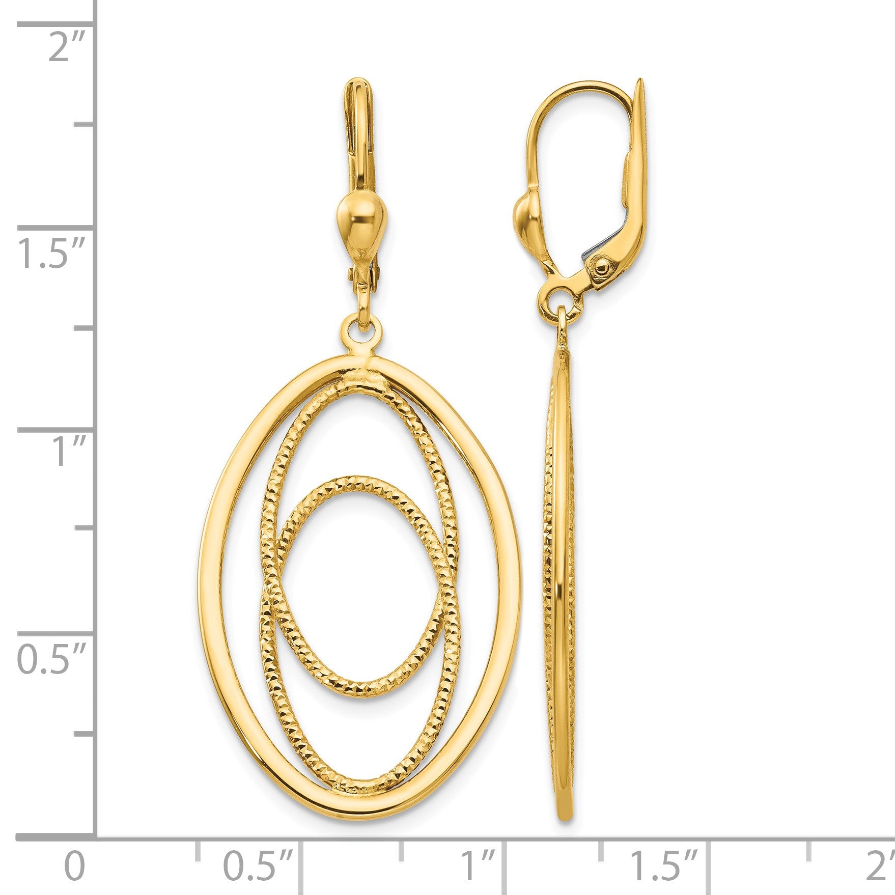 14K Textured and Polished Oval Design Dangle Leverback Earrings