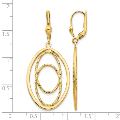 14K Textured and Polished Oval Design Dangle Leverback Earrings