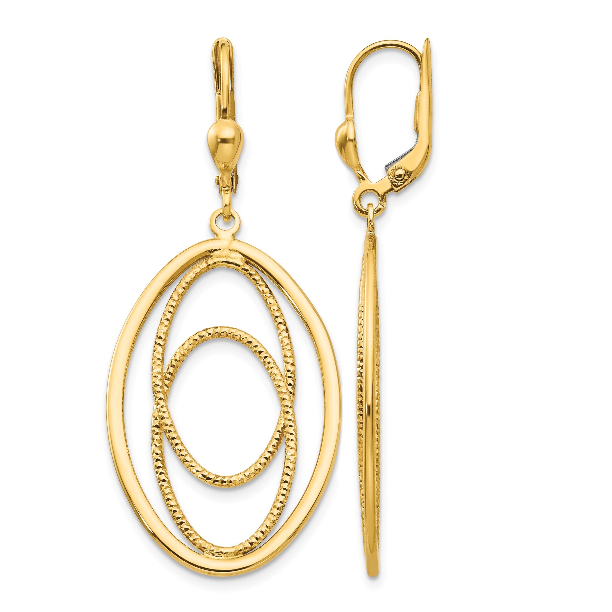 14K Textured and Polished Oval Design Dangle Leverback Earrings
