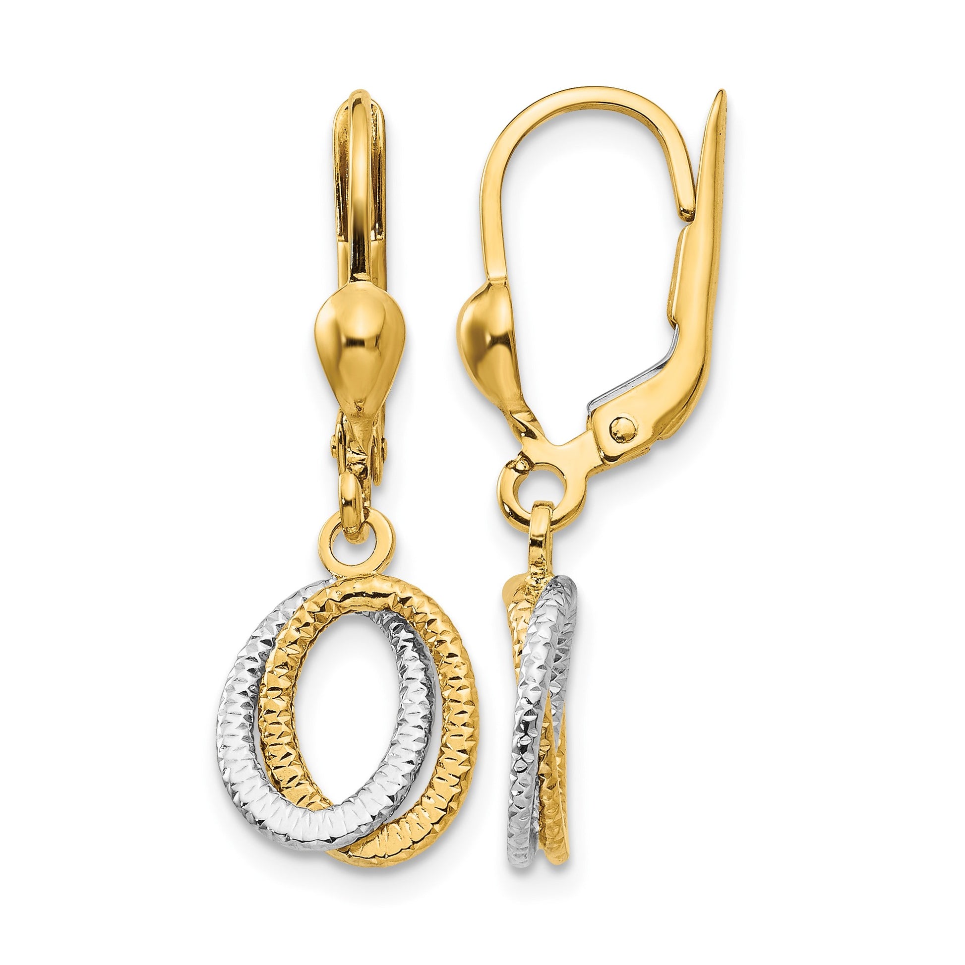 14K Two-Tone Textured and Polished Ovals Dangle Leverback Earrings