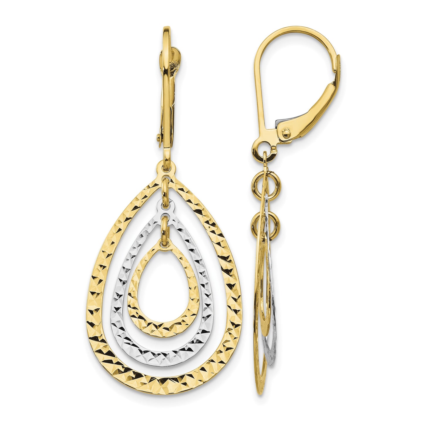 14K Two-tone Diamond-cut Graduated Teardrops Dangle Leverback Earrings