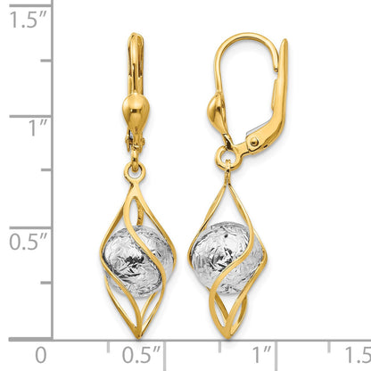 14K Two-tone Polished Diamond-cut Bead and Twist Dangle Leverback Earrings