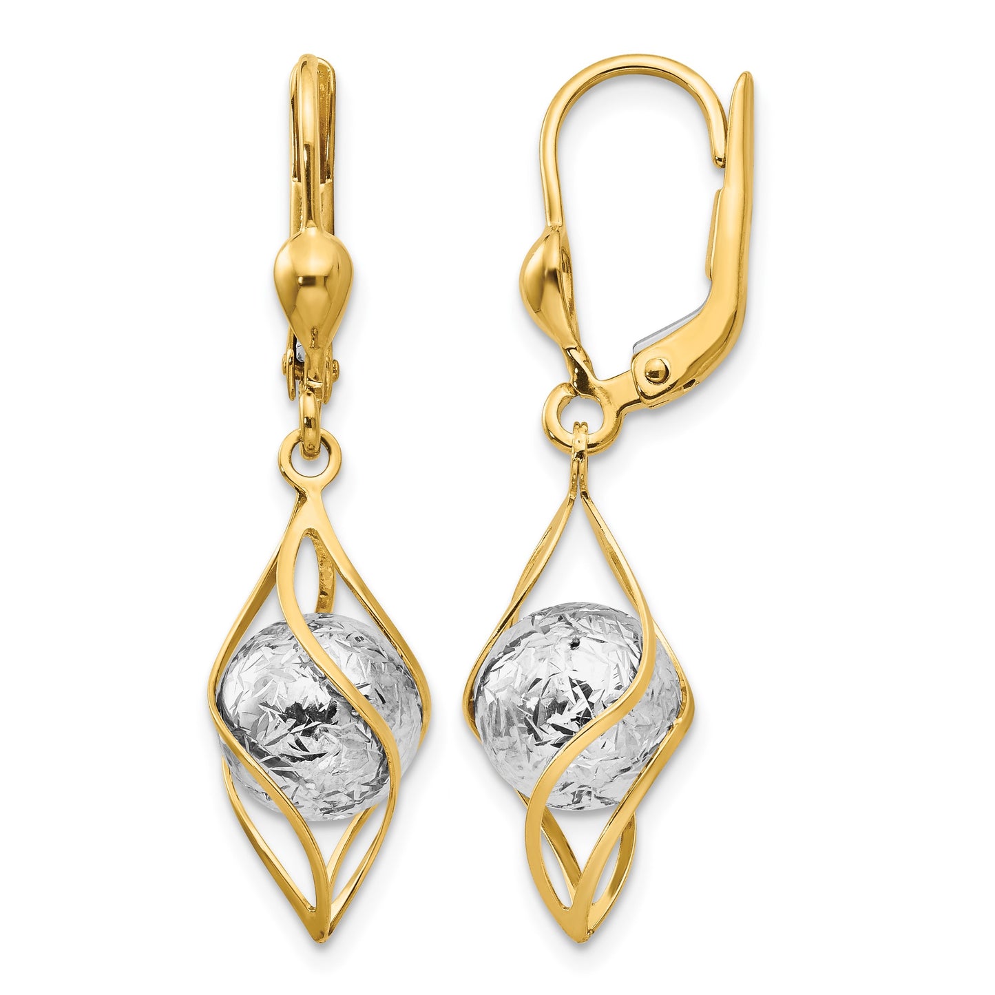 14K Two-tone Polished Diamond-cut Bead and Twist Dangle Leverback Earrings