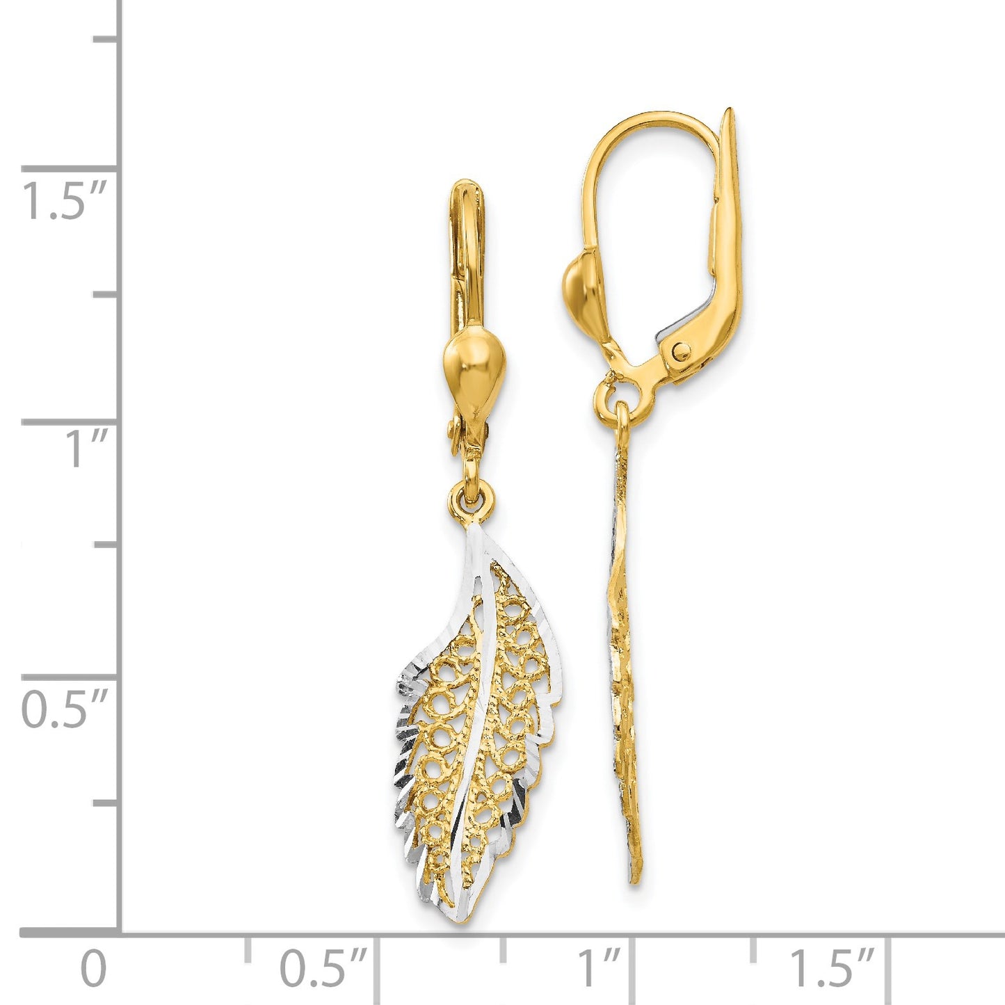 14K and White Rhodium Polished and Textured Filigree Leaf Dangle Leverback Earrings