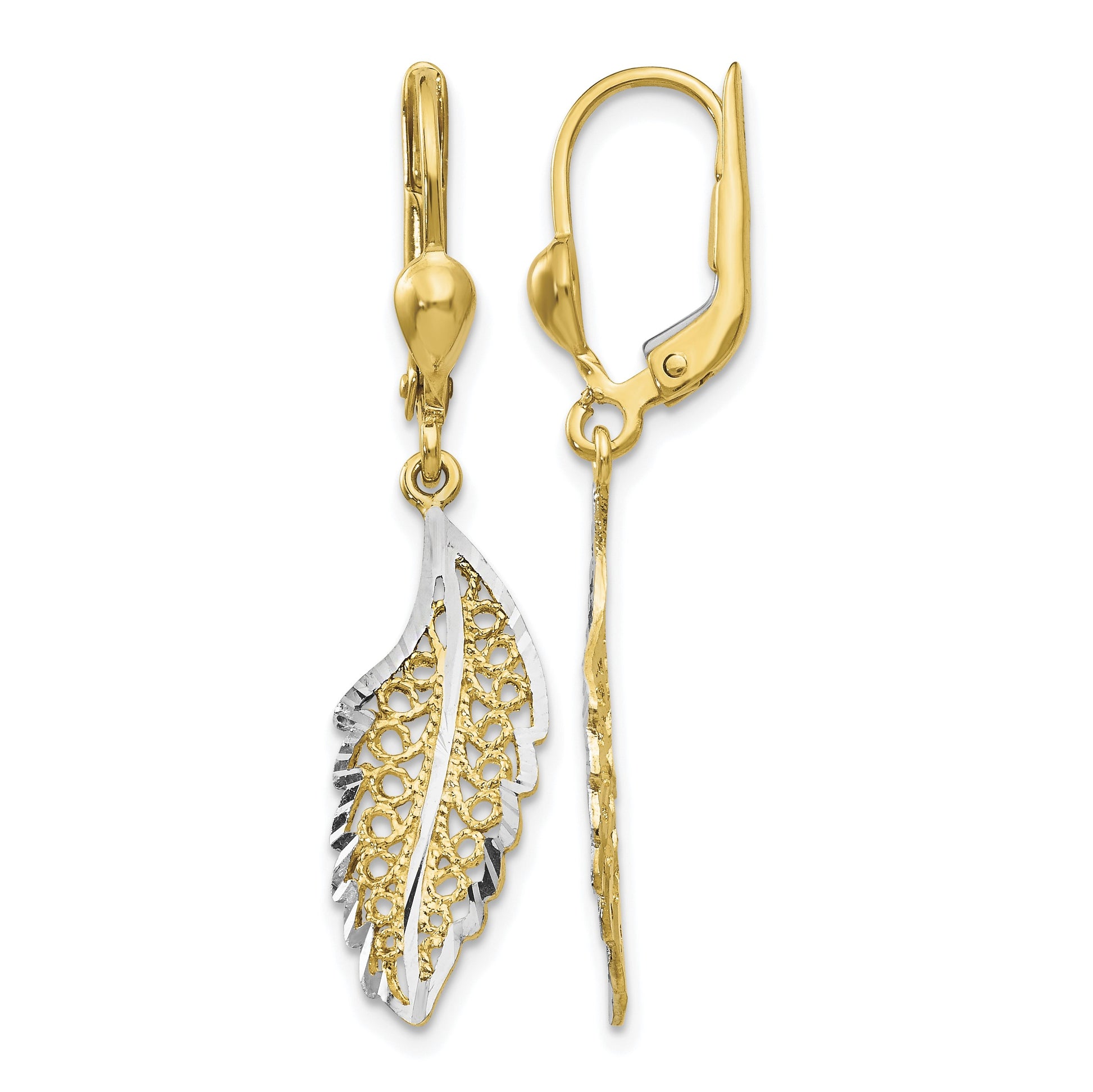 14K and White Rhodium Polished and Textured Filigree Leaf Dangle Leverback Earrings