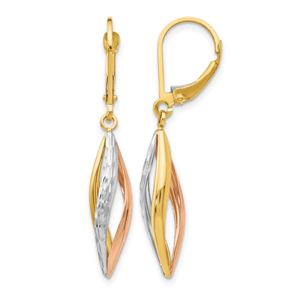 14K Two-tone with White Rhodium Diamond-cut Twist Dangle Leverback Earrings