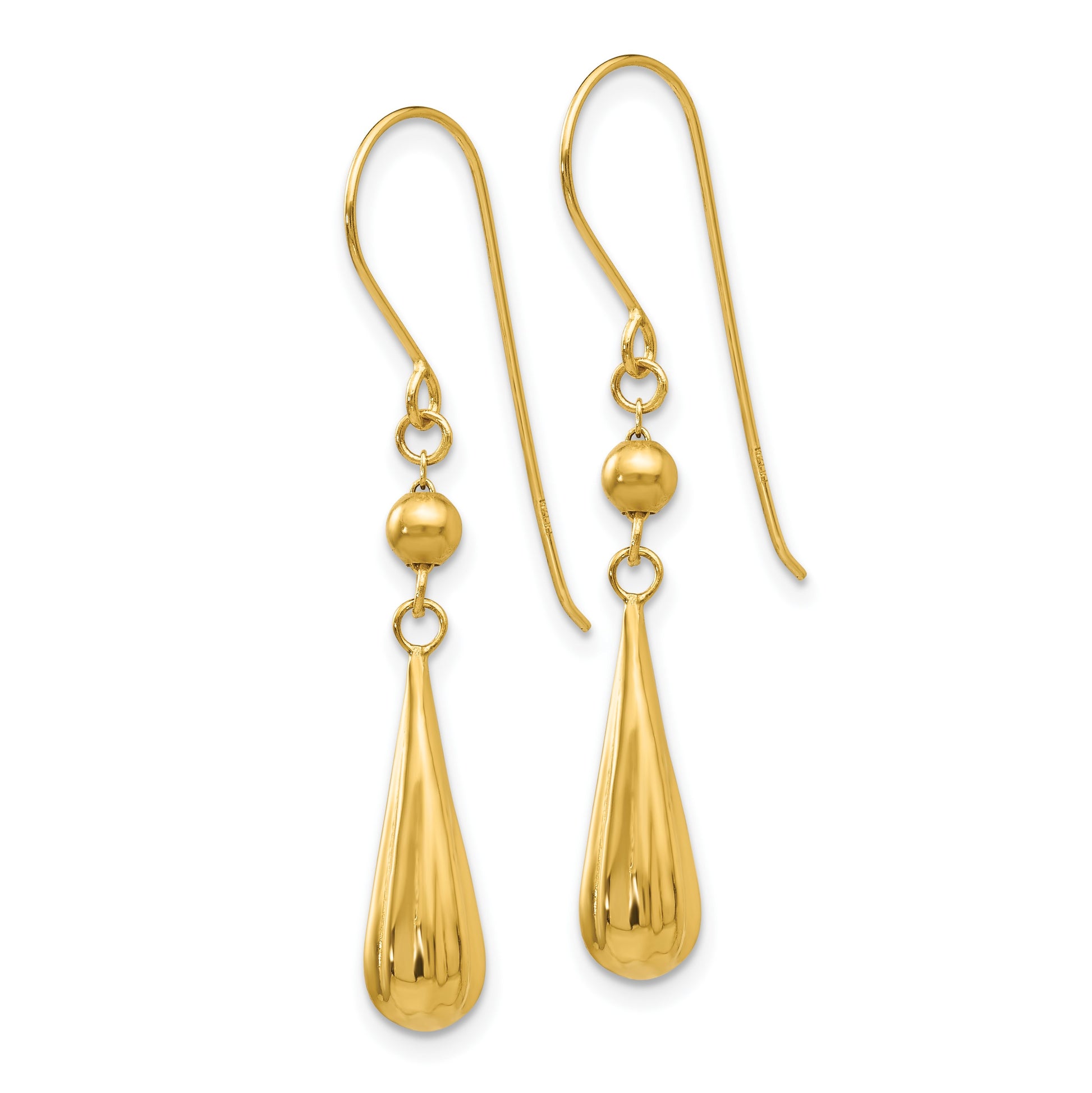 14K Grooved Puffed Teardrop Dangle French Hook Earrings