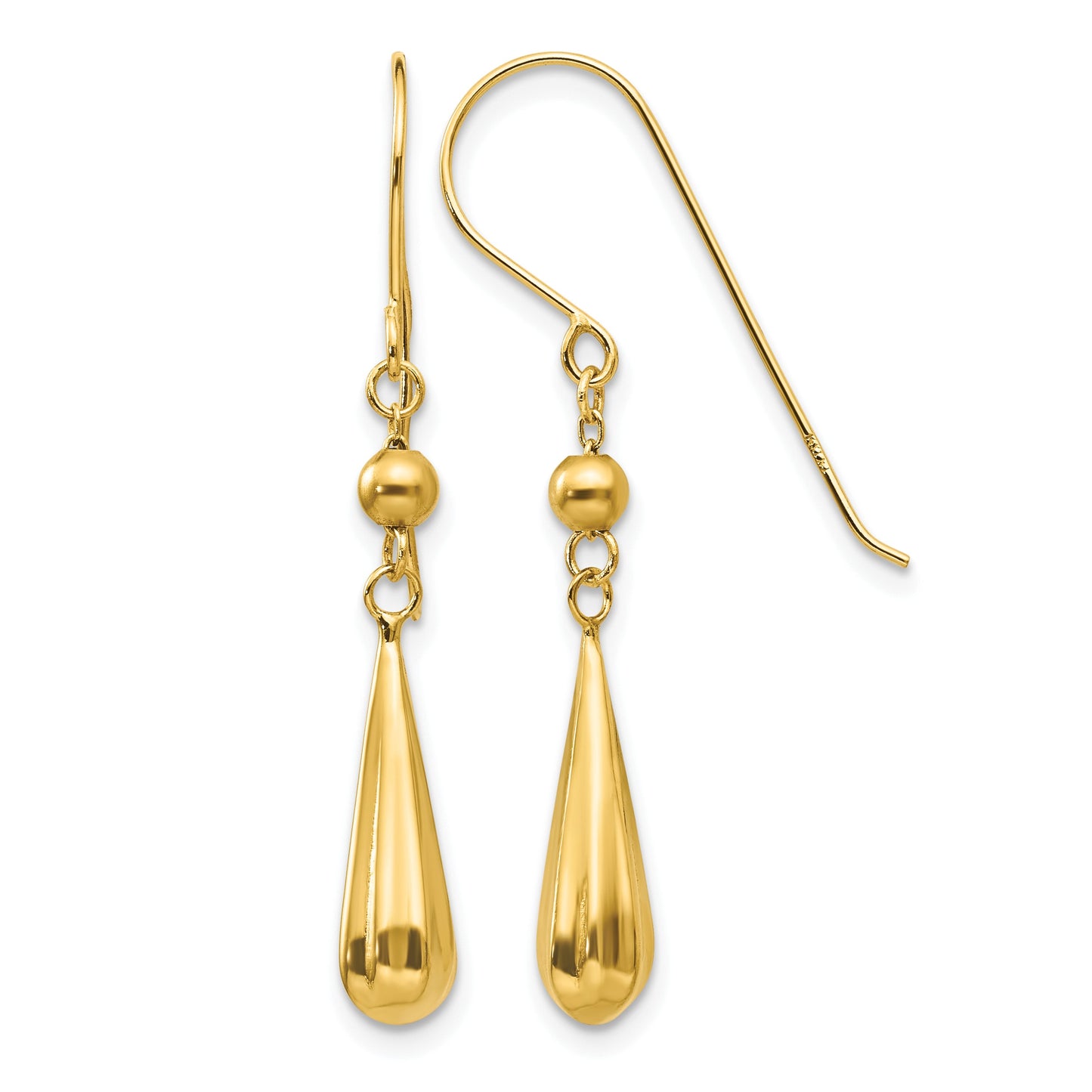 14K Grooved Puffed Teardrop Dangle French Hook Earrings