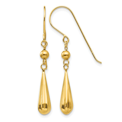 14K Grooved Puffed Teardrop Dangle French Hook Earrings