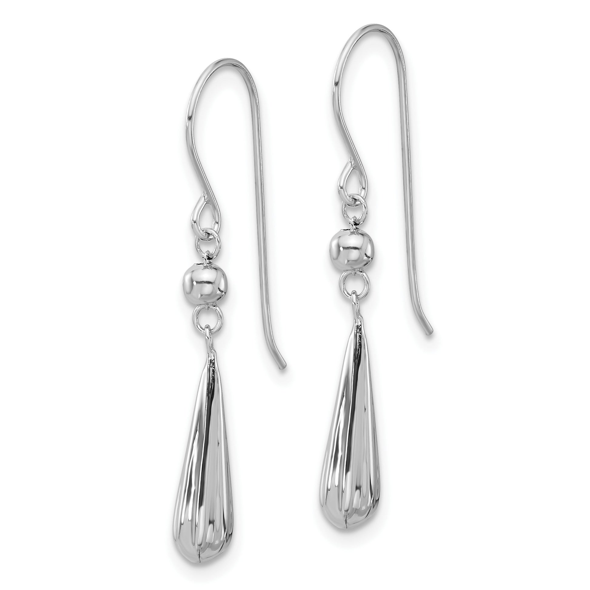 14K White Gold Grooved Puffed Teardrop Dangle French Hook Earrings