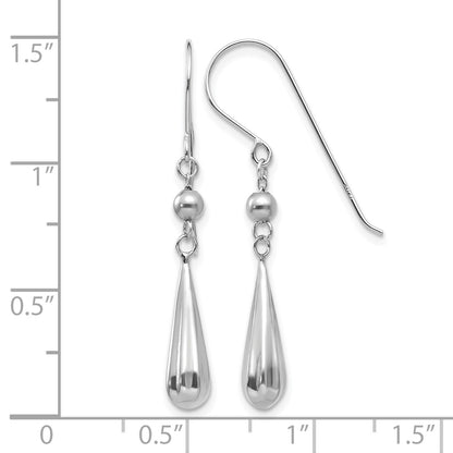 14K White Gold Grooved Puffed Teardrop Dangle French Hook Earrings