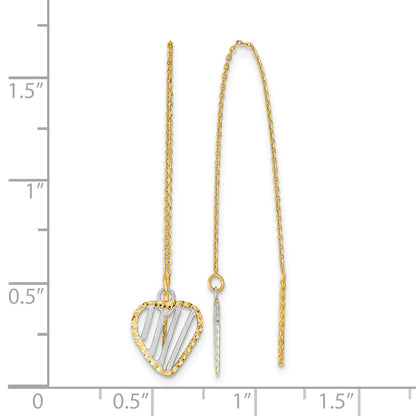 14k and White Rhodium Polished/Satin/Diamond-cut Heart Threader Earrings