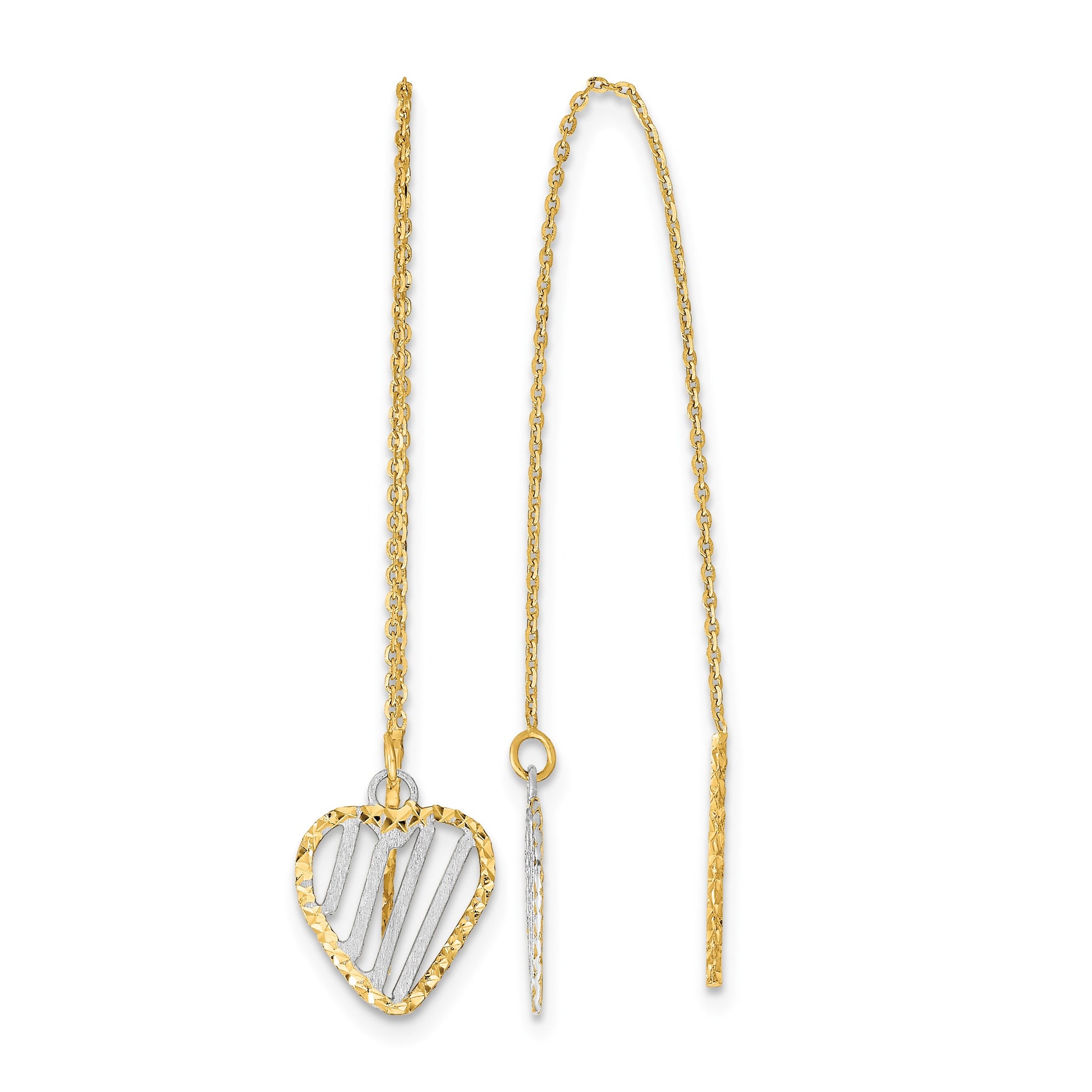 14k and White Rhodium Polished/Satin/Diamond-cut Heart Threader Earrings
