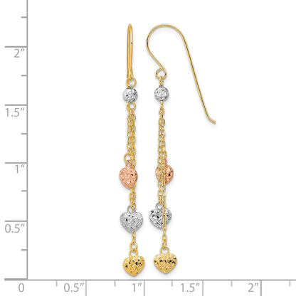 14k Tri-color Diamond-cut Triple Heart and Chain Dangle French Hook Earrings