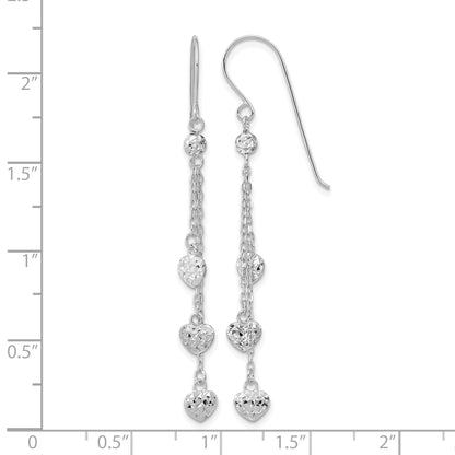 14k White Gold Diamond-cut Triple Heart and Chain Dangle French Hook Earrings