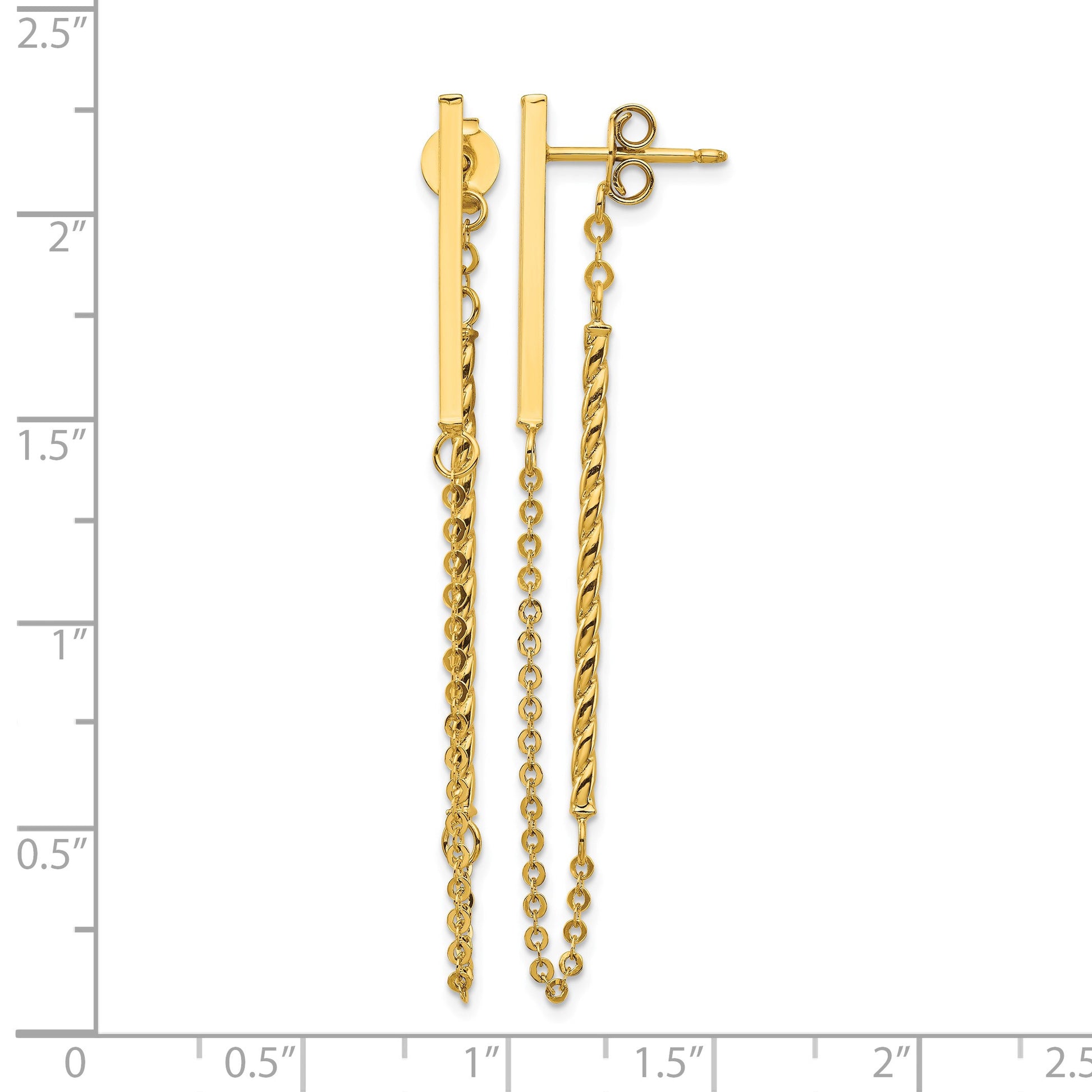 14k Polished and Twisted Bars with Chain Front and Back Post Earrings