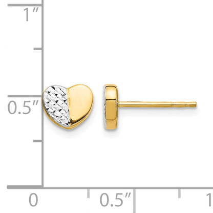 14K and White Rhodium Diamond-cut Heart Post Earrings