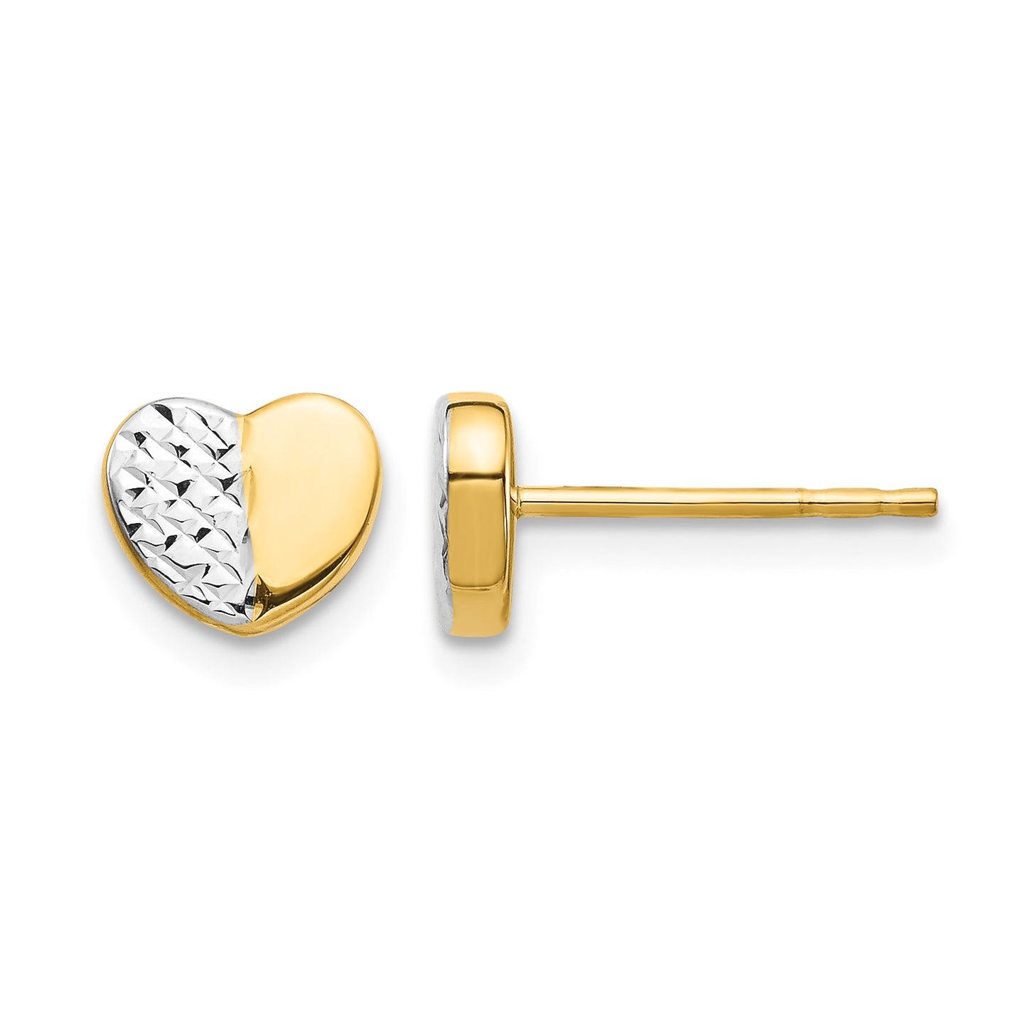 14K and White Rhodium Diamond-cut Heart Post Earrings