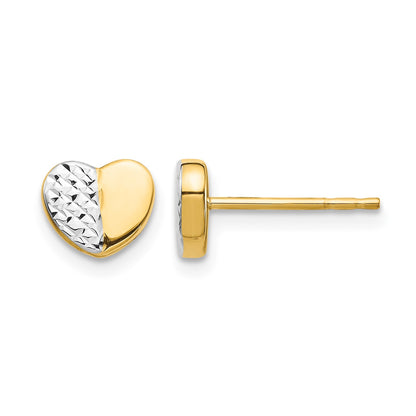 14K and White Rhodium Diamond-cut Heart Post Earrings