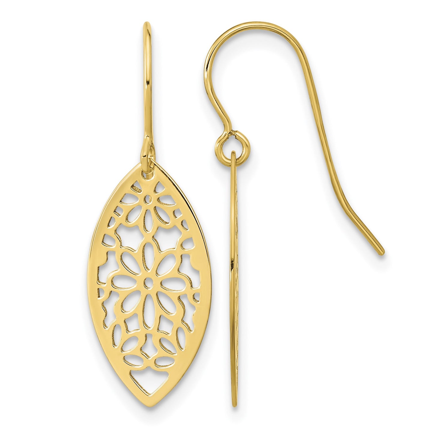 14k Polished Flower in Oval Frame Dangle French Hook Earrings