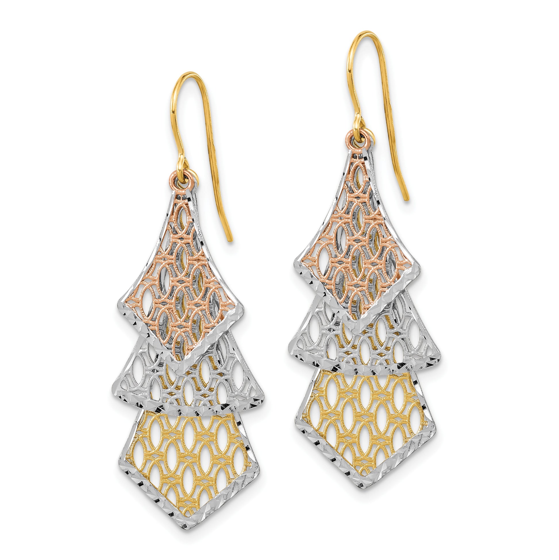 14k Tri-color Diamond-cut Polished Filigree Dangle French Hook Earrings