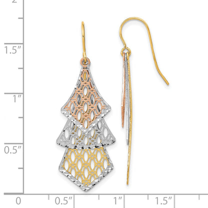 14k Tri-color Diamond-cut Polished Filigree Dangle French Hook Earrings