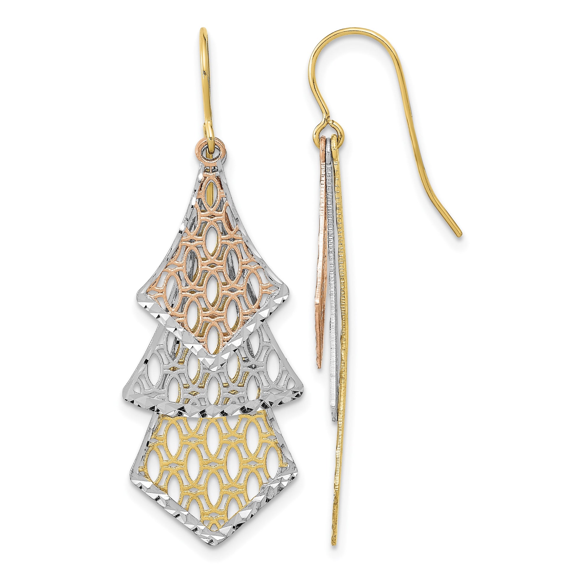 14k Tri-color Diamond-cut Polished Filigree Dangle French Hook Earrings