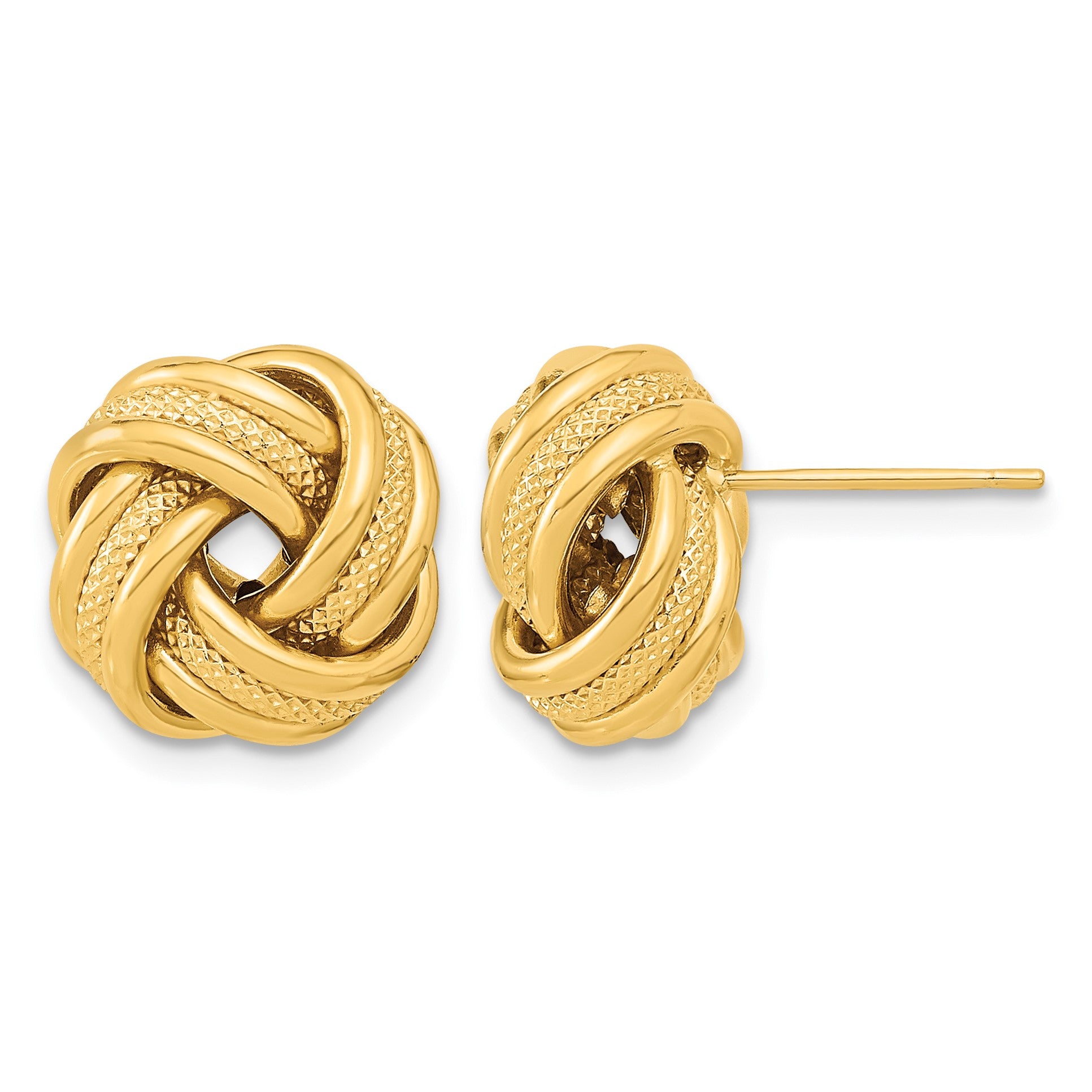 14k 13mm Polished Textured Triple Love Knot Post Earrings