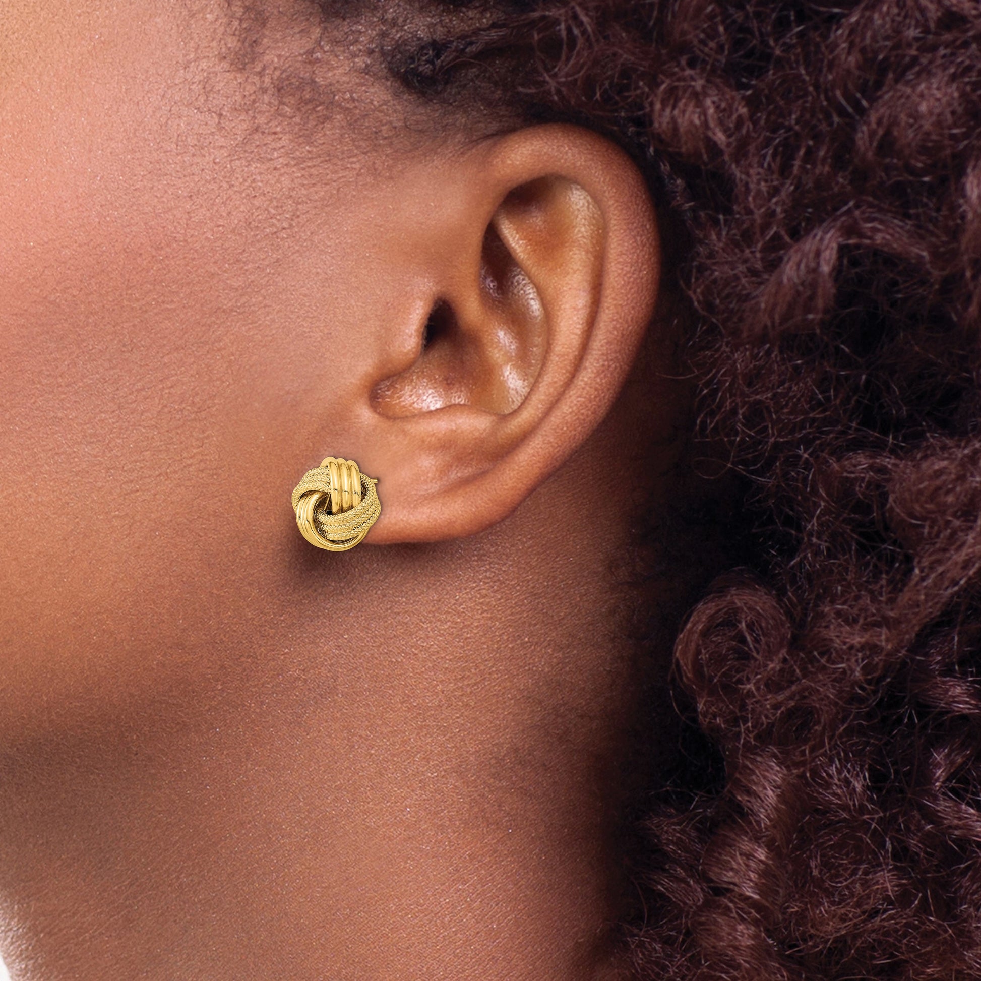 14k 12.5mm Polished Textured Triple Love Knot Post Earrings
