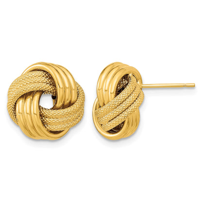 14k 12.5mm Polished Textured Triple Love Knot Post Earrings