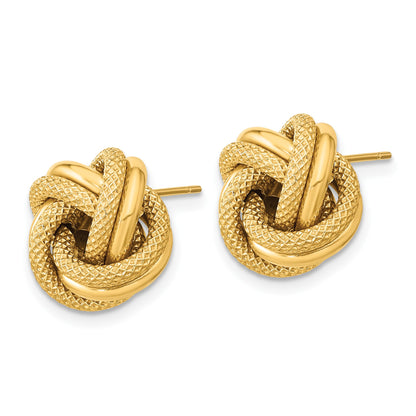 14k 13.5mm Polished Textured Double Love Knot Post Earrings
