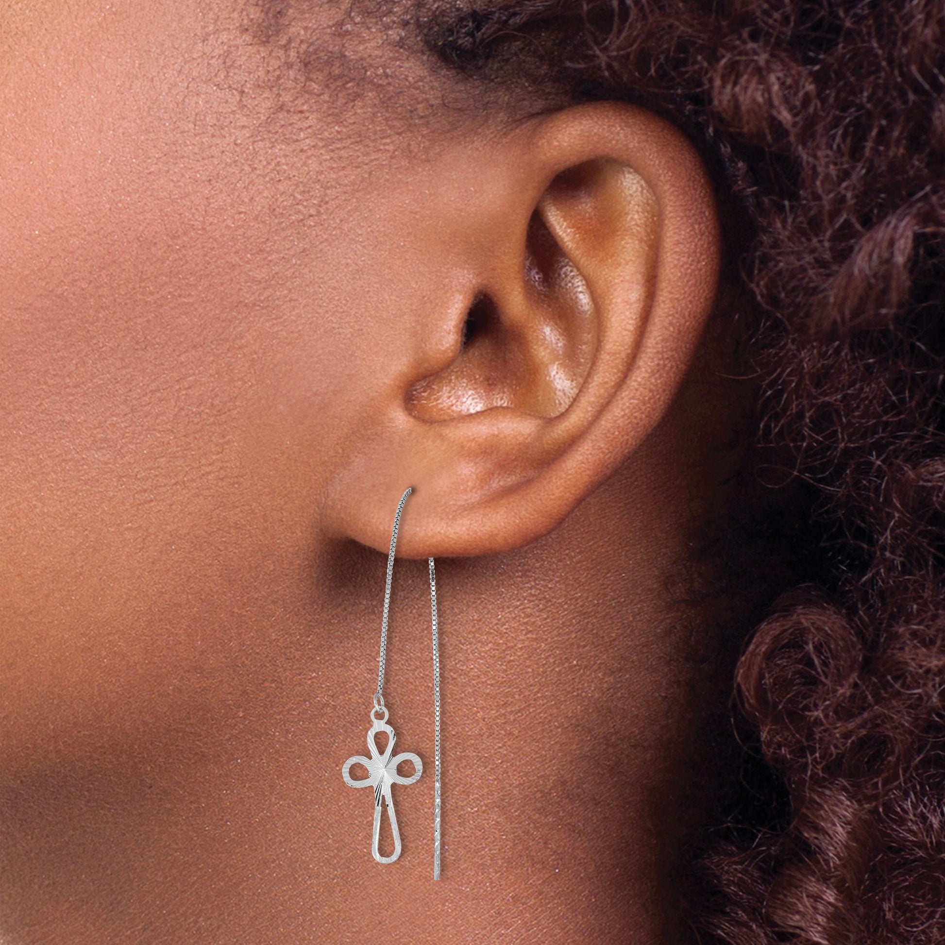 14K White Gold Polished Diamond-cut Box Chain with Cross Threader Earrings